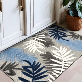 Rugshop Evora Palm Frond Non-Shedding Easy Cleaning Patio Deck Backyard Indoor/Outdoor Area Rug 2' 7" X 4' Blue