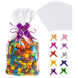 100PCS Clear Cellophane Treat Bags 5.9" X 7.8" Clear Resealable Flat Cello Bags for Sweet Party Gift Home with 100PCS Colorful Pull Bows