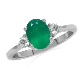 Silvershake 1.12ct. 8X6mm Oval Shape Natural Emerald Green Agate and White Topaz 925 Sterling Silver Engagement Ring Size 5.5