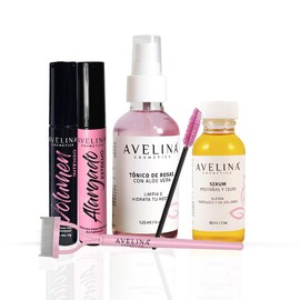 AVELINA COSMETICS - Avelash Kit, Serum alargador de pestañas y cejas 60ml, Tónico de rosas con aloe vera de 120ml, Máscara Volumen Intenso 13g, Máscara Alargado Extremo 13g, Separador de pestañas.