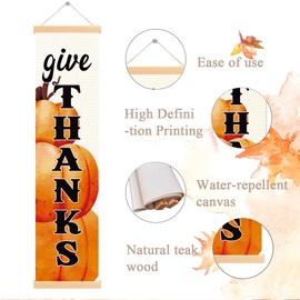 Give Thanks Banner, Thanksgiving Decor Art, Pumpkin Harvest Decor, Fall Porch Door Decorations, Thanksgiving Decorations for Indoor and Outdoor, Farmhouse Wall Hanging Banner 7.8×31.5 inches