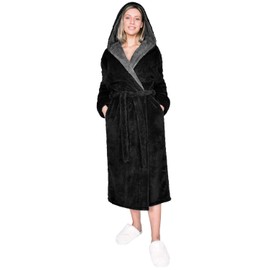 Artfasion Robes for Women with Hood Long Soft Warm Full Length Bathrobes Luxurious Plush Fleece Winter Robes Black X-Large