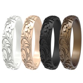 Zollen Women's Silicone Wedding Bands Set of 4/7 - Stackable Silicone Wedding Bands - Innovative Branches and Leaves Floral Collection,Size 08