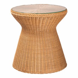 bali & pari Nina Handwoven Rattan Hourglass Side Table with Glass Top – Boho Wicker Accent Table, Natural Fiber Round End Table for Living Room or Patio
