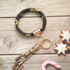 Coolcos Key Ring Bracelets Wristlet Keychain Bangle Keyring - Large Circle Leather Tassel Bracelet Holder For Women Gift (Sunflower Upgrade)