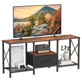 JARHETUN TV Stand with Fabric Drawer, Entertainment Center for 50 55 Inch TV, Industrial TV Console Table with Open Storage Shelves for Living Room, Bedroom, Rustic Brown