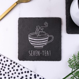 Engraved Square Slate Coaster -"SEVEN-TEA" Design - 70th Milestone Birthday Gifts for Men, Him - Seventieth Gift for Friend, Grandad, Dad, Husband - Drinks Mat