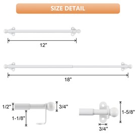 KXLife 2 Pack Mini Short Curtain Rod 12-18 Inch, 1/2" Diameter, French Door Curtain Rod, Small Adjustable Cafe Rods for Windows with Brackets (White)
