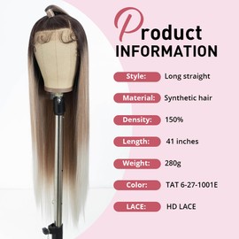 Style Icon 38 Inch Lace Front Wig Human Hair Quality Super Long Straight for Women Synthetic Hair Replacement HD Lace 150% Density (TAT 6/27/1001E, Updo Lace, 38 Inch)