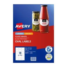 Avery A4 Glossy Oval Labels - Product Stickers - Small Business Supplies - 63.5 x 42.3 mm, 180 Labels/10 Sheets (980000/ L7102)