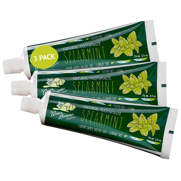 Green Beaver All Natural Organic Toothpaste, Vegan, Fluoride Free & Gluten Free Toothpaste, Spearmint Flavor, 75ml, 3 Pack
