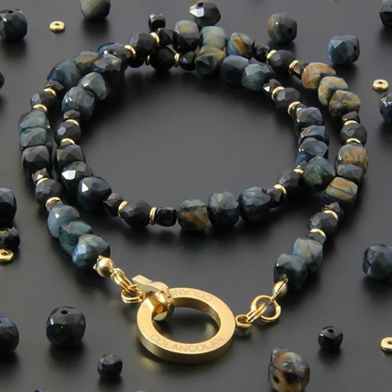 COLANCOLAN FORCE 5 Polyhedral Cube Necklace, Dark Blue Tiger Eye,