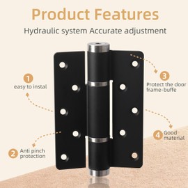 Self Closing Door Hinge with Silent Hydraulic Buffering, Adjustable Door Closer Tension and Speed, Spring Loaded Hinges 5.5 Inch, 175°Open, Space Aluminum, Anti Pinch Injury 2Pcs