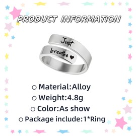 GAUEIOUR Just Breathe Anxiety Ring for Women Metal Carved Heart Healing Ring Adjustable Silver Inspirational Ring Wrap Open Ring
