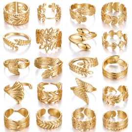 KISS WIFE 20 Pcs Gold Finger Rings for Women Plant Elements Open Adjustable Stackable Chunky Rings Set for Women, Banana Leaf, Tree Leaf, Monstera Design Rustic Fashion Jewelry Bulk Pack