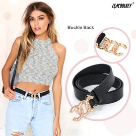 LEACOOLKEY Women Belts for Jeans Dresses Ladies Waist Belts Black Faux Leather Belt with Gold Buckle(Black,Fit Pant Size 36”-40")