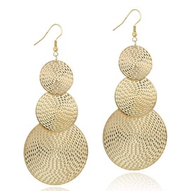 KaFu Lightweight Bohemia Geometric 14K Gold Round Disc Triple Long Earrings Dangle Drop Filigree Carved Statement Earring for Women (Gold)