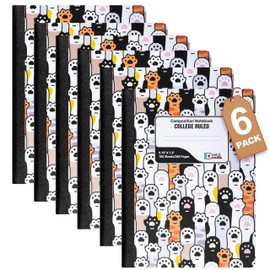 Composition Notebook College Rule: 6 Pack, Cute Decorative Hardcover Writing Notebook With Sewn Binding and No Bleed Through, 200 Pages (100 Sheets), 9.75”x7.5”, For School or Office (Cat Paw)