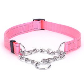 Pimaodog Martingale Dog Collar with Stainless Steel Chain, Martingale Collar with Reflective, Adjustable for Medium Large Dogs (S, Pink)