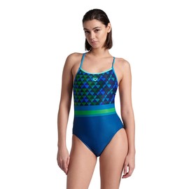 ARENA Women's Standard Performance Pyramid Lace Back Swimsuit, Black/Blue/Multi