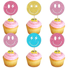 24 piezas de decoración de magdalenas de cara de sonrisa preppy para cupcakes, colores brillantes estrellas, relámpago, Y2k de los años 2000, rosa para fiesta de despedida de soltera con temática Y2k,