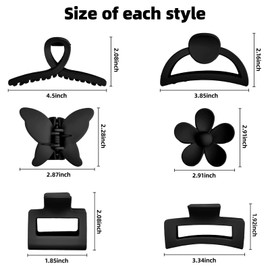 Black Hair Clips, 6 Pack Black Claw Clips for Thin Thick Hair 1.85-4.5 Inch Matte Non Slip Jaw Clips Flower Banana Butterfly Claw Clips Hair Accessories for Women and Girls