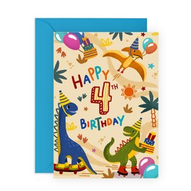 CENTRAL 23 4th Birthday Card For Boys - Dinosaur Birthday Card For 4 Year Old - Happy Fourth Birthday Gifts For Kids - Greeting Cards For Son Grandson Brother - Comes With Stickers