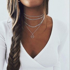 TseanYi Boho Wave Pendant Necklace Silver Circle Pendant Necklace Vintage Layer Necklace Jewelry for Women and Girls, Metal