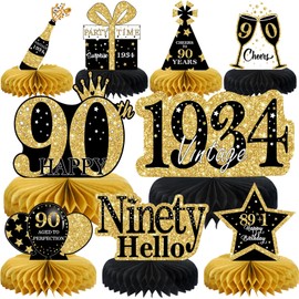 9Pcs 90th Birthday Decorations Honeycomb Centerpieces for Women,Black Gold Happy 90th Birthday Centerpieces Tables Toppers Party Decorations Supplies, Vintage 1934 Aged Birthday Table Sign Decor