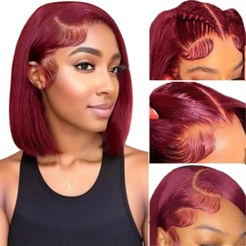 MYMYDA Short 99j Burgundy Bob Lace Front Wigs for Black Women Human Hair Pre Plucked with Baby Hair Glueless Wear and Go 180% Density Wine Red Color 10 Inch