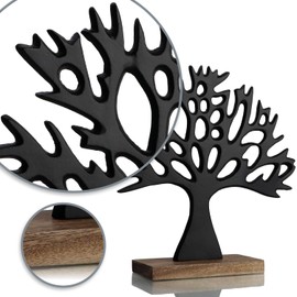 com-four® Decorative Stand Tree – Metal Tree on Mango Wood Base – Decorative Tree Made of Metal for Standing – Tree of Life to Give as a Gift (Black - Tree)