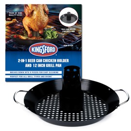 Kingsford Beer Can Chicken Holder & Grill Pan – 2-in-1 Non-Stick Carbon Steel Roasting Rack & 12" Perforated BBQ Pan for Crispy, Juicy Grilled Chicken