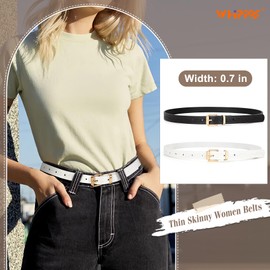 WHIPPY 2 Pack Skinny Leather Belts for Women Fashion Thin Waist Belts Ladies Gold Buckle Belts for Jeans Dresses,Black/White,41"