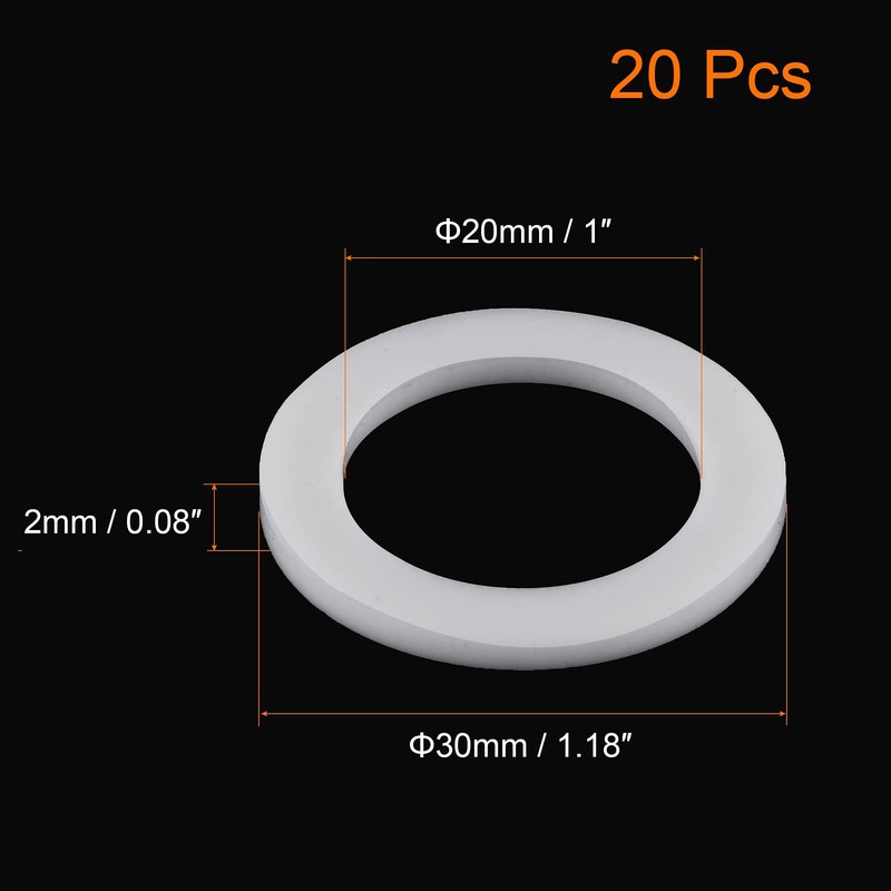TOP-VIGOR 20Pcs PTFE Flat Washers 30mm OD 20mm ID 2mm