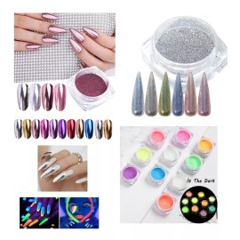 Nail supply 30 Polvos Para Uñas 6 Espejo Holografico+12 Espejo+ 12 Glow