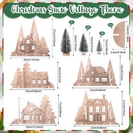 Marsui 14 Pcs Wooden DIY Christmas Village Houses Sets Wooden Christmas Village Silhouette Decor with Xmas Tree Winter Arts Crafts for Mantel Table House Room Decor Architecture Gift