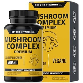 Beyond Vitamins | Mushroom Complex Premium con exclusiva mezcla de 6 hongos adaptógenos | Extractos altos en Betaglucanos, Polisacáridos y Triterpenos para resultados óptimos | Melena de León, Cordyceps, Reishi, Maitake, Chaga y Coriolus Versicolor | 2 meses
