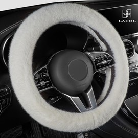 LACDL Fuzzy Winter Steering Wheel Covers for Women, Warm Cute Fluffy Car Wheel Cover for Sedan Suv, Super Soft Furry Girly Auto Plush Car Handle Cover for Cold Weather, White, 14-15inch, Standard Size
