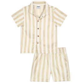 Quicksand Boys 2 Pieces Summer Beach Outfits Short Sleeve Button Down Shirts and Shorts Vacation Texture Sets for Kids, Sand & White, 8