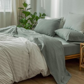 MooMee Bedding Sheet Set 100% Washed Cotton Linen Like Textured Breathable Durable Soft Comfy (Heathered Green, Queen)