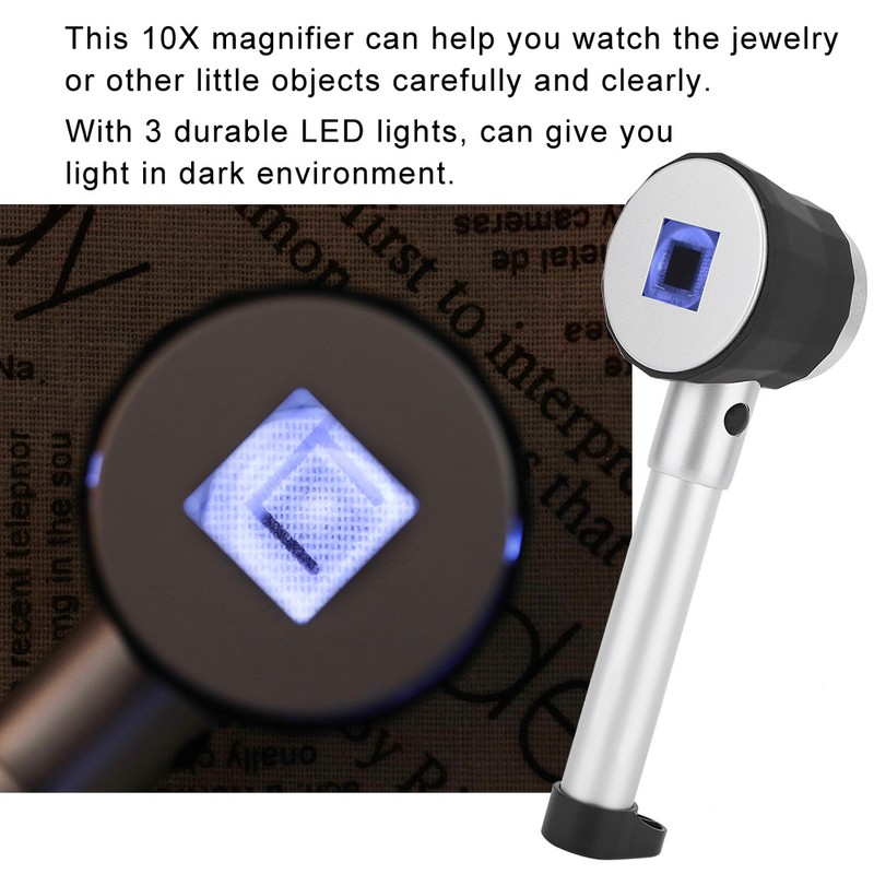 10X Magnifier Handheld Loupe with Scale LED Metal Handle Optical