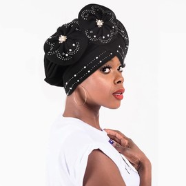 Woeoe Beanie Cap Head Wrap Black Rhinestones Head Scarf Flower Pearls Twisted Head Turban for Women Girls