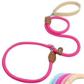 Wagoo Slip Lead, Easy to Wear, Training, Casual, Small, Medium, Large Dogs, Leather Handle, Nylon Rope (Rose Red, Thickness: 0.5 inches (1.2 cm) / L)