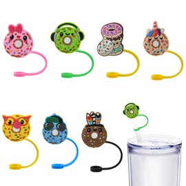 Ipotkitt 14 Pcs 7 Styles PVC & Silicone Dessert Straw Covers Cap Compatible Cartoon Dustproof Straw Cap Donut Straw Tip Covers for Gift Drinking Straws Caps Decoration