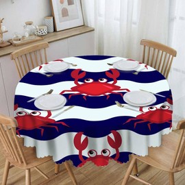 IBILIU Cartoon Crabs Round Tablecloth,Sea Creature Red and Blue Striped Water Resistant Polyester Table Cloth Decorative Table Cover for Kitchen, Dining Desk,Party,Holiday - 58 Inch