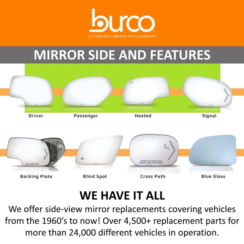 Burco 2838 Flat Driver Side View Power Mirror Glass, Fits