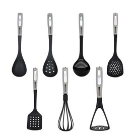 Royalford 7 PC Nylon Kitchen Utensil Set for Cooking | Serving Spoon, Slotted Spoon, Slotted Spatula, Skimmer, Soup Ladle, Egg Whisk & Potato Masher Set | Safe for Non-Stick Cookware, BPA Free & Heat