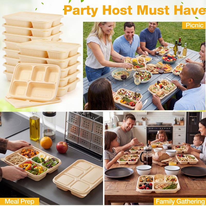 Havawish 30 Pack(60 Pcs) 5 Compartments Compostable Plates with Lids