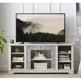 CKEASEAN Modern TV Stand with Faux Stacked Stone, 58" W Entertainment Center with Large Storage Space, Wood Media Console Table for TVs Up to 65", Rack for Living Room