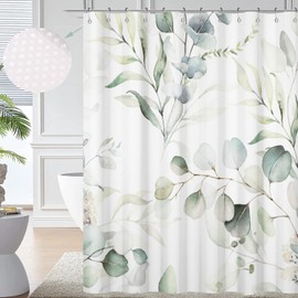 GCIREC Eucalyptus Leaf Waffle Shower Curtains, Weighted Bottom Sage Green Spring Watercolor Botanical Plants Textured Fabric Bathroom Curtain Bathtub Home Decor Waterproof Washable with Metal Hooks